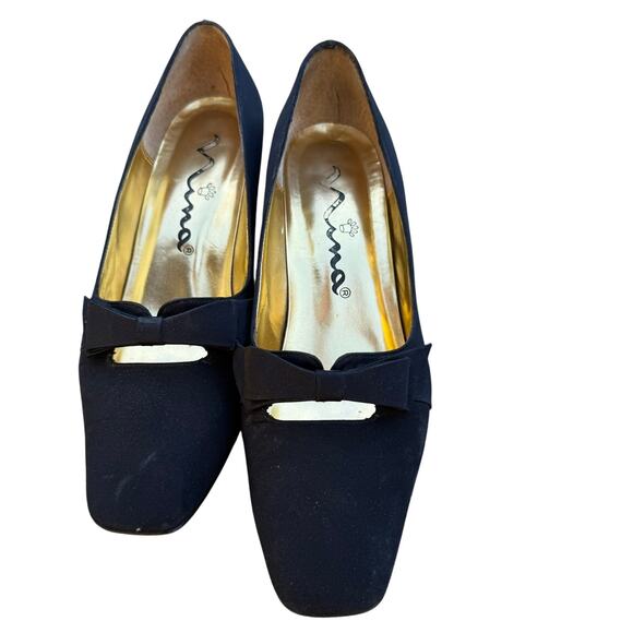 Nina Black Satin Heels with Bow - Size 7M, Gold Detail - Picture 2 of 7